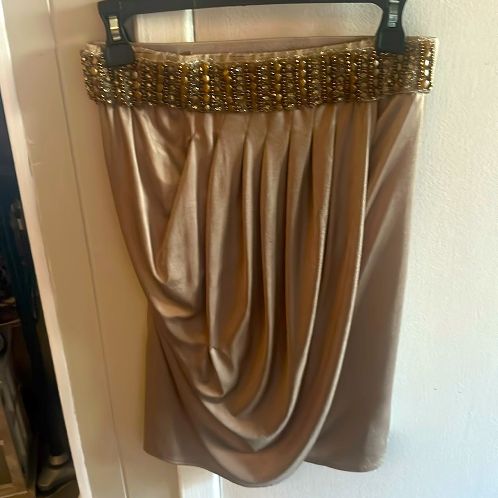 Cache Gold Beaded Strapless Draped Satin Top
